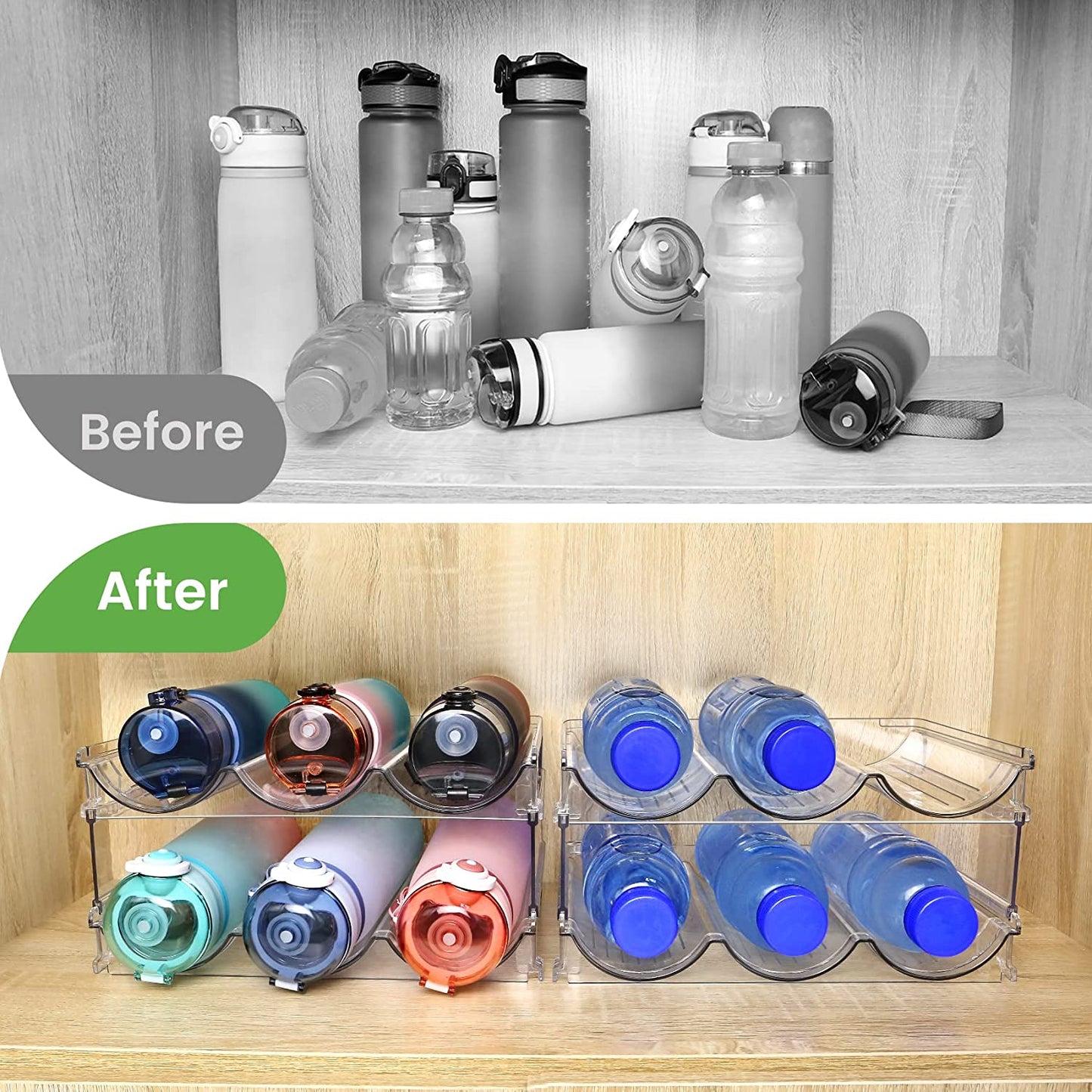 Maximize Your Space: 2-Pack Water Bottle Organizer for Cabinet - Stackable Storage Solution!